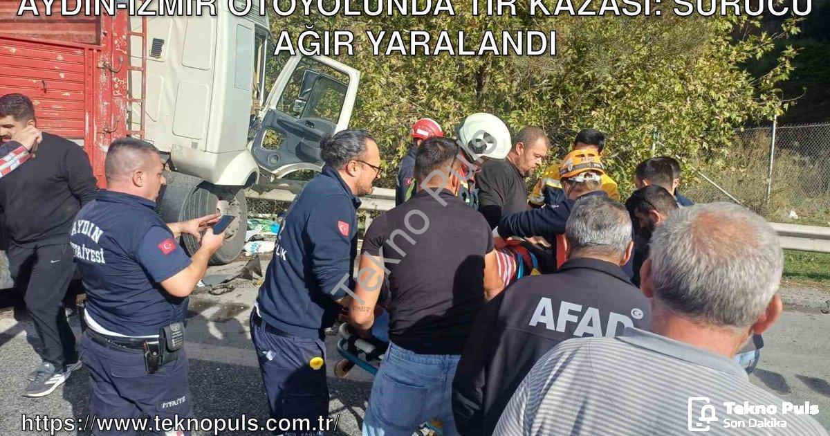 "Aydın-İzmir otoyolunda TIR kazası: Sürücü ağır yaralandı" başlıklı haber için fotorealistik, profes